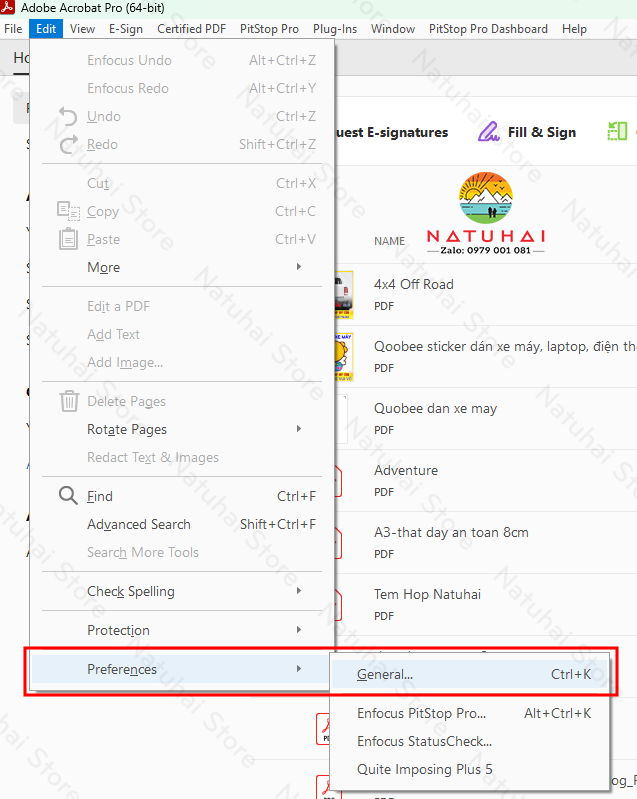 Bước 1 Edit → Preferences trong Acrobat Pro Dc 2024.png