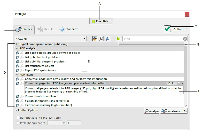Giao diện công cụ Preflight trong Adobe Acrobat Pro