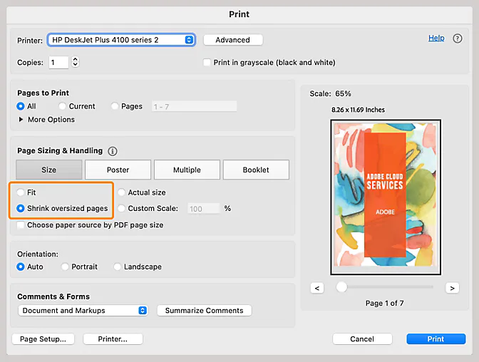 Tùy chọn Fit và Scale khi in PDF trong Adobe Acrobat