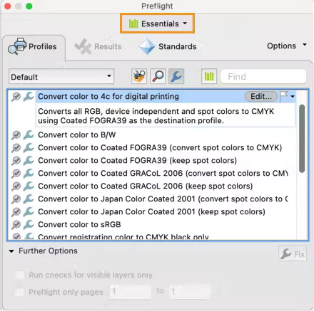 Danh sách cấu hình kiểm tra Preflight trong Acrobat Pro